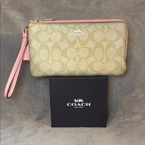 🤎🩷COACH🤎🩷Tan & Salmon Signature Coated Canvas Double Zip Wallet/EUC